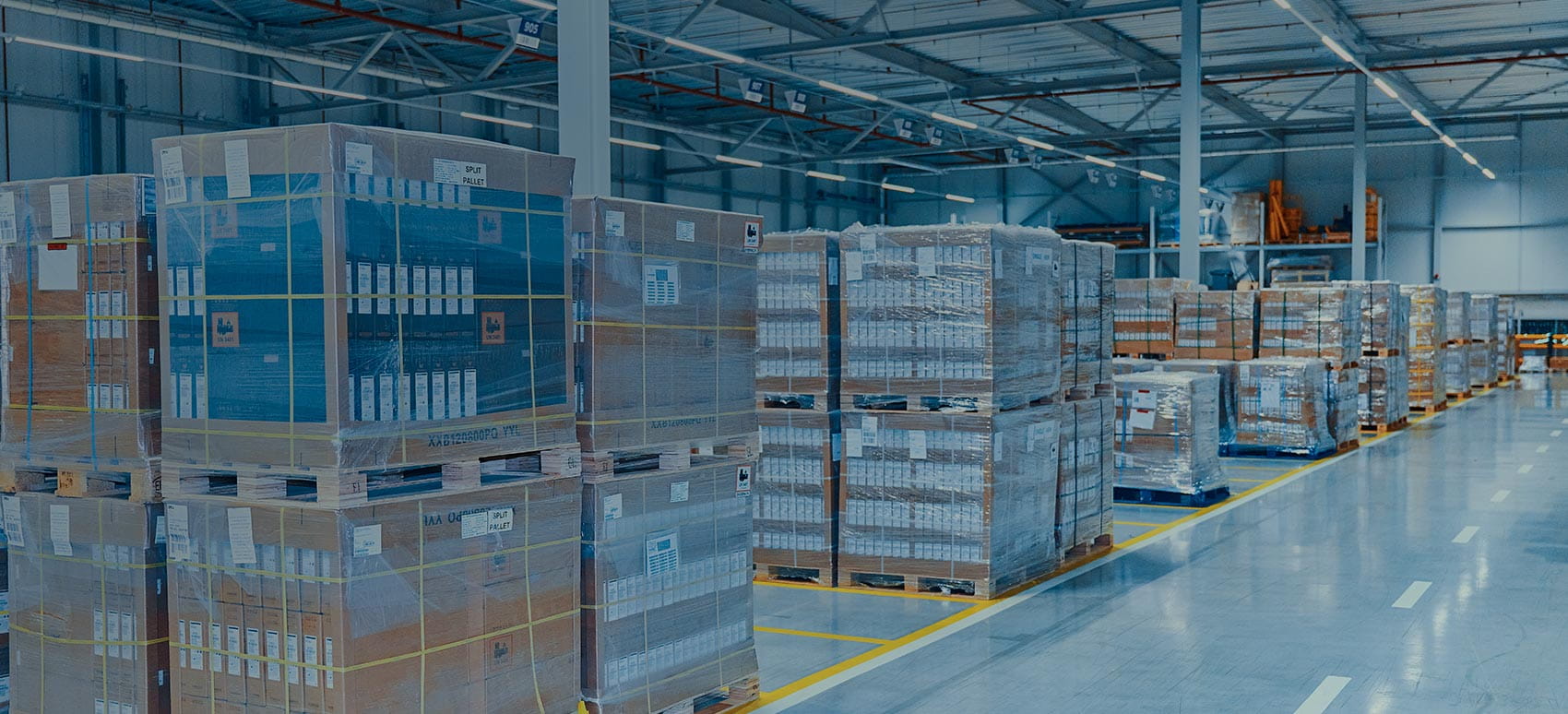 Logística de cadeia de suprimentos: Organizou paletes de produtos em um depósito aguardando envio, exibindo soluções de estoque e armazenamento.